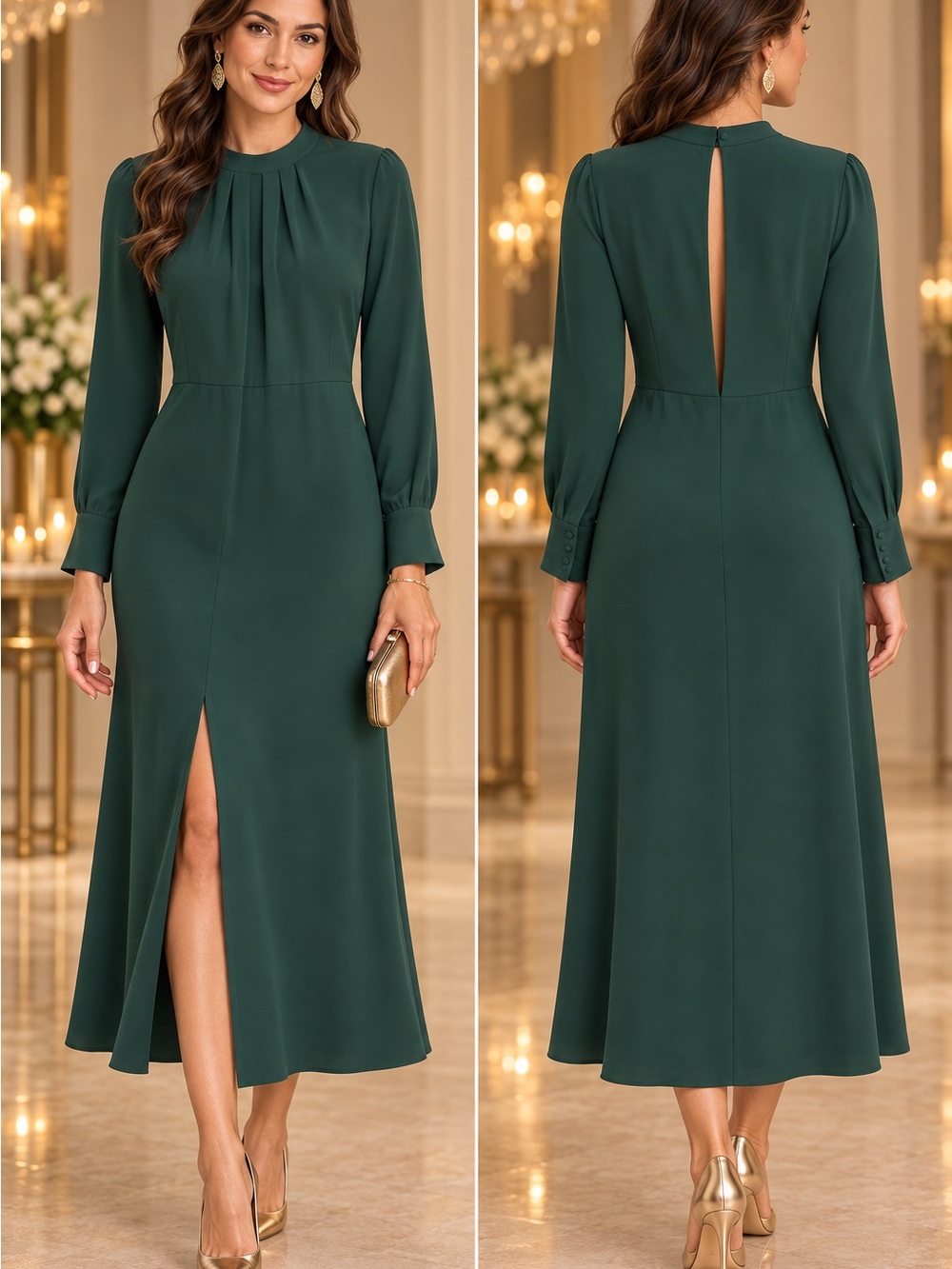 H&M Dark Green Long Sleeve Midi Dress with Front Slit